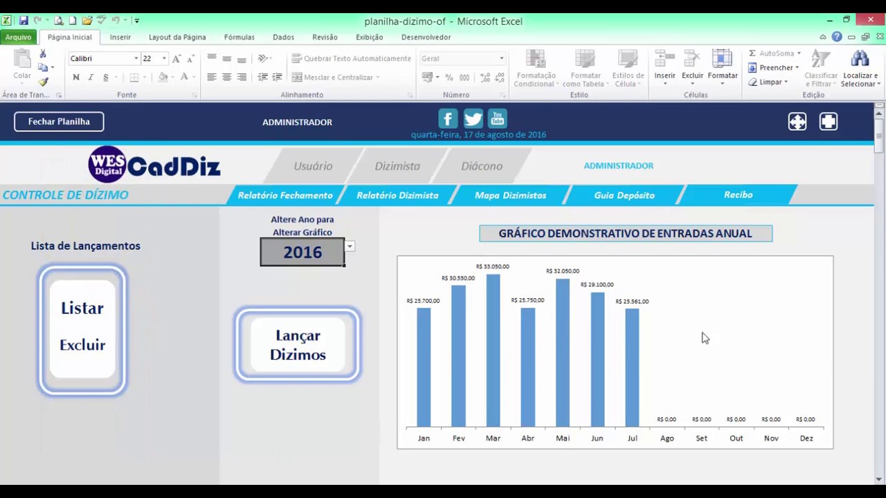Apresentação Planilha Excel Dízimos e Ofertas