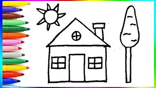 How to draw Scenery easy for kids 🌈🎊 kids drawing 🔵🔴🟡 house drawing #drawing