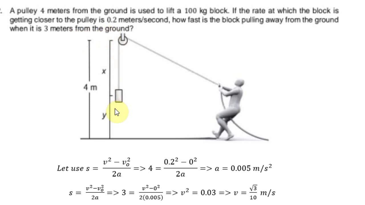 A pulley 4 meters from the ground is used to lift a 100 kg block. If
