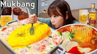 Sub)Real Mukbang- صلصة كريمة أوموريس 🧈 توفو ناعم حار رامين 🍜🔥 هاي بول 🥂 ASMR KOREAN FOOD