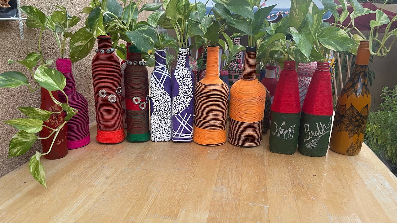 Bottle Art & Money plant|Thread work|Egg Shell Art||Multi Surface Paint Pen|Indoor moneyplant |