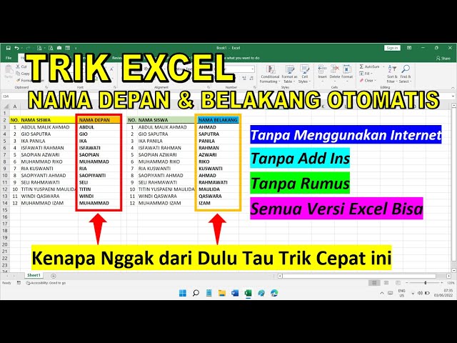 Trik Excel | Cara Cepat Mengambil Nama Depan dan Nama Belakang di Excel | Shortcut Excel class=