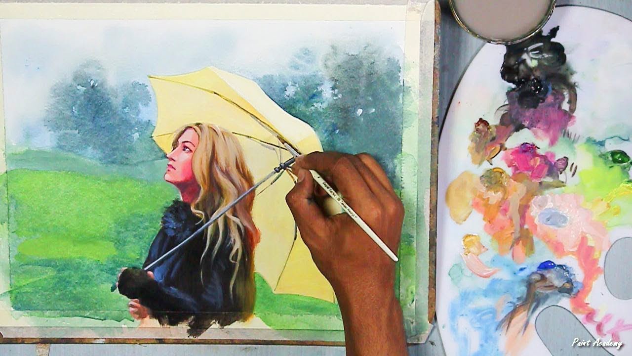 Acrylic Painting A Girl In A Rainy Day Step By Step