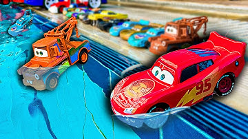 Disney Pixar Cars falling into deep pool, Lightning McQueen, Tow Mater, Mack, Sally, Francesco