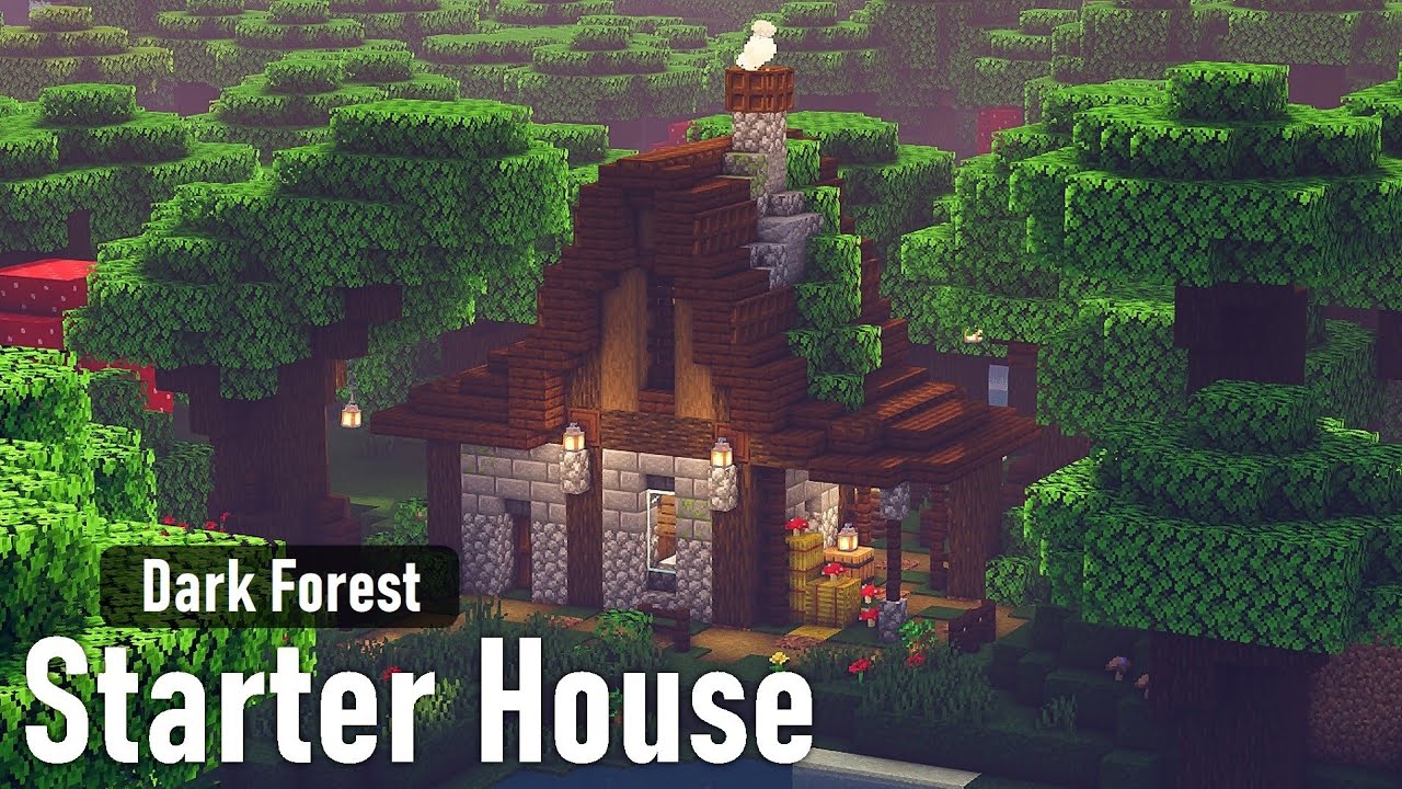 Impressive minecraft house with a brunette girl standing beside
