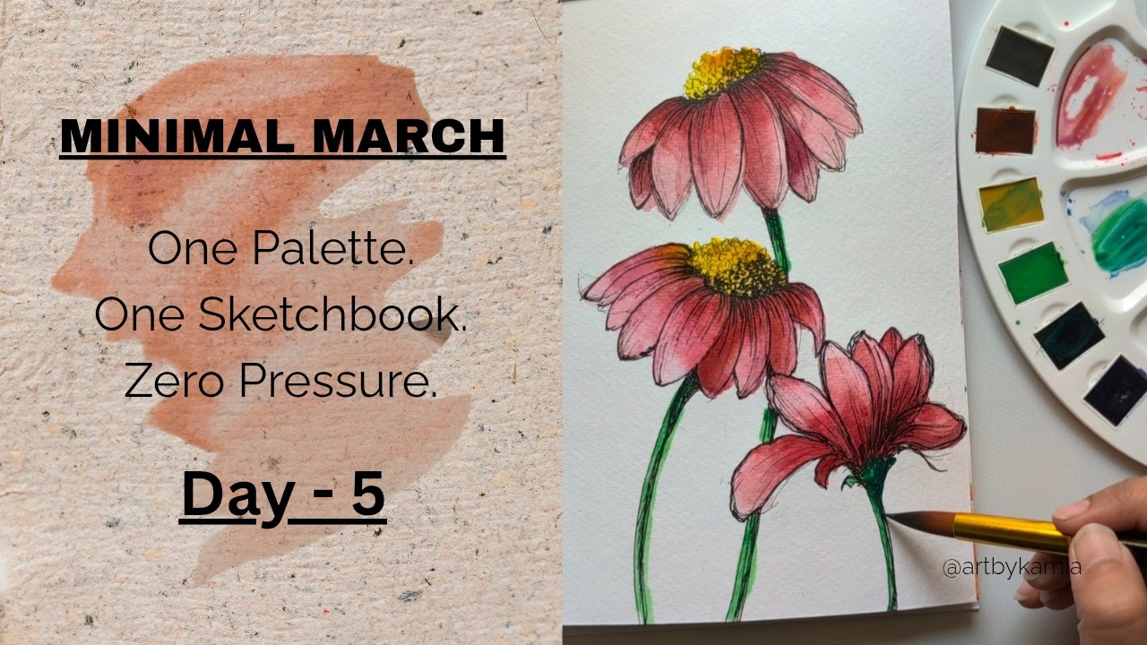 Minimal March – Day 5 |  Watercolor Flowers Doodles Tutorial | Beginners friendly painting art Video