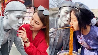 This Beauty Was Caught Stealing Noodles From Silver Statue,She Was Shocked#silverman #funny#statue