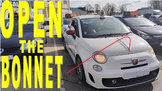How to open the bonnet hood ABARTH (FIAT) 500 2008 2009 2010 2011 2012 2013 2014 2015 2016 2017 2018