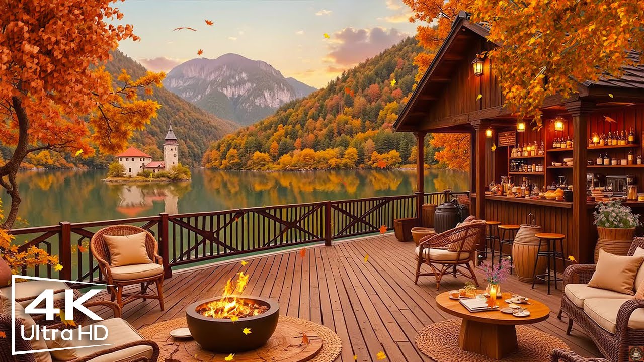 Serene Fall Morning 🍁Outdoor Coffee Shop Ambience & Relaxing Jazz Background Music