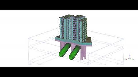 Plaxis 3D 2018.01, model rendering of a building over existing Bucharest subway tunnels