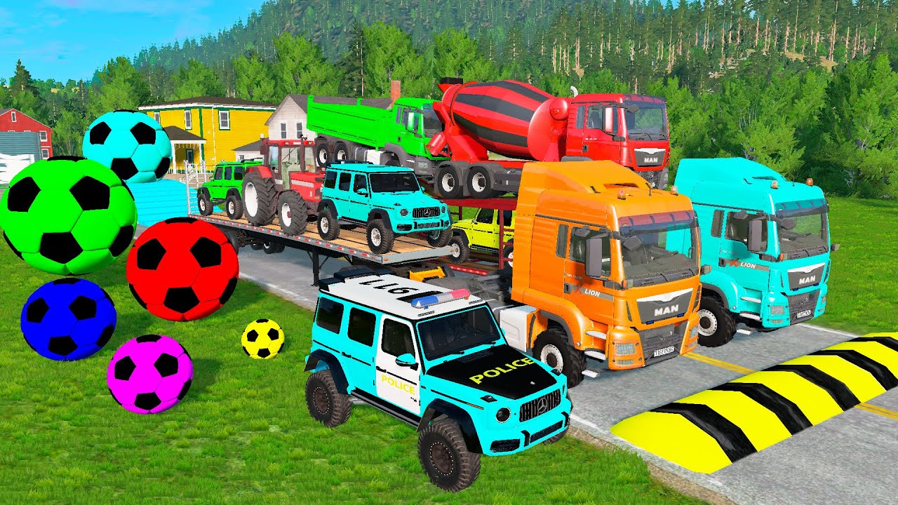 Flatbed Trailer McQueen Transportation with Truck - Speedbumps vs Cars vs Train - BeamNG.Drive #14