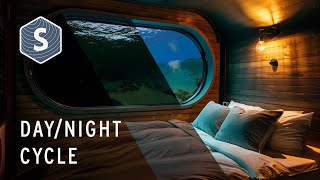 Cozy bed and lovely view from underwater hotel | Day/Night cycle