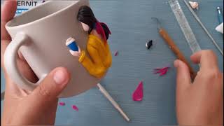 Polymer clay: tutorial on sculpting decor on a cup in the form of a girl with a cup of coffee