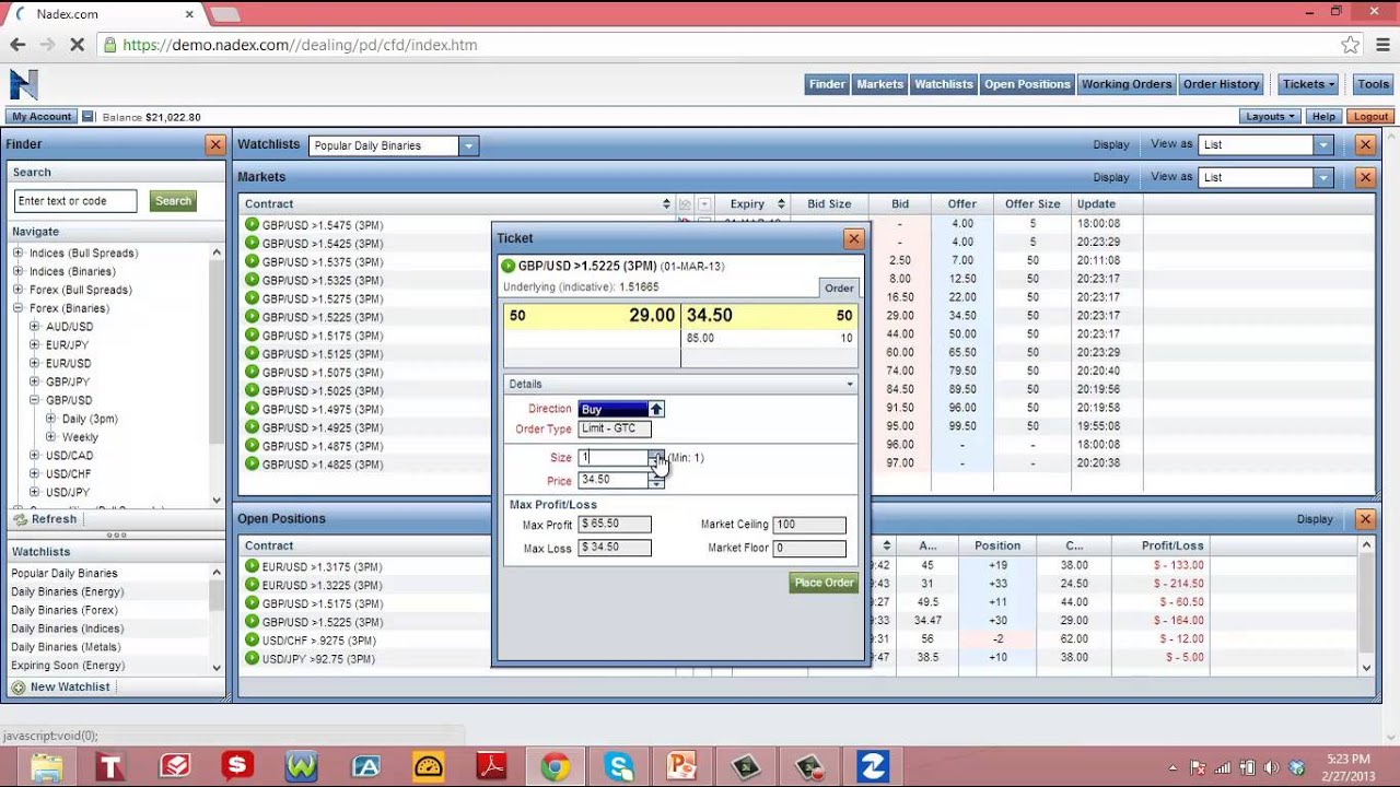 nadex binary options how to place trade