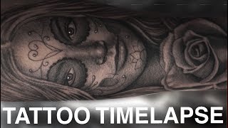 TATTOO TIMELAPSE | DAY OF THE DEAD AND ROSE PORTRAIT | REAL TIME | CHRISSY LEE