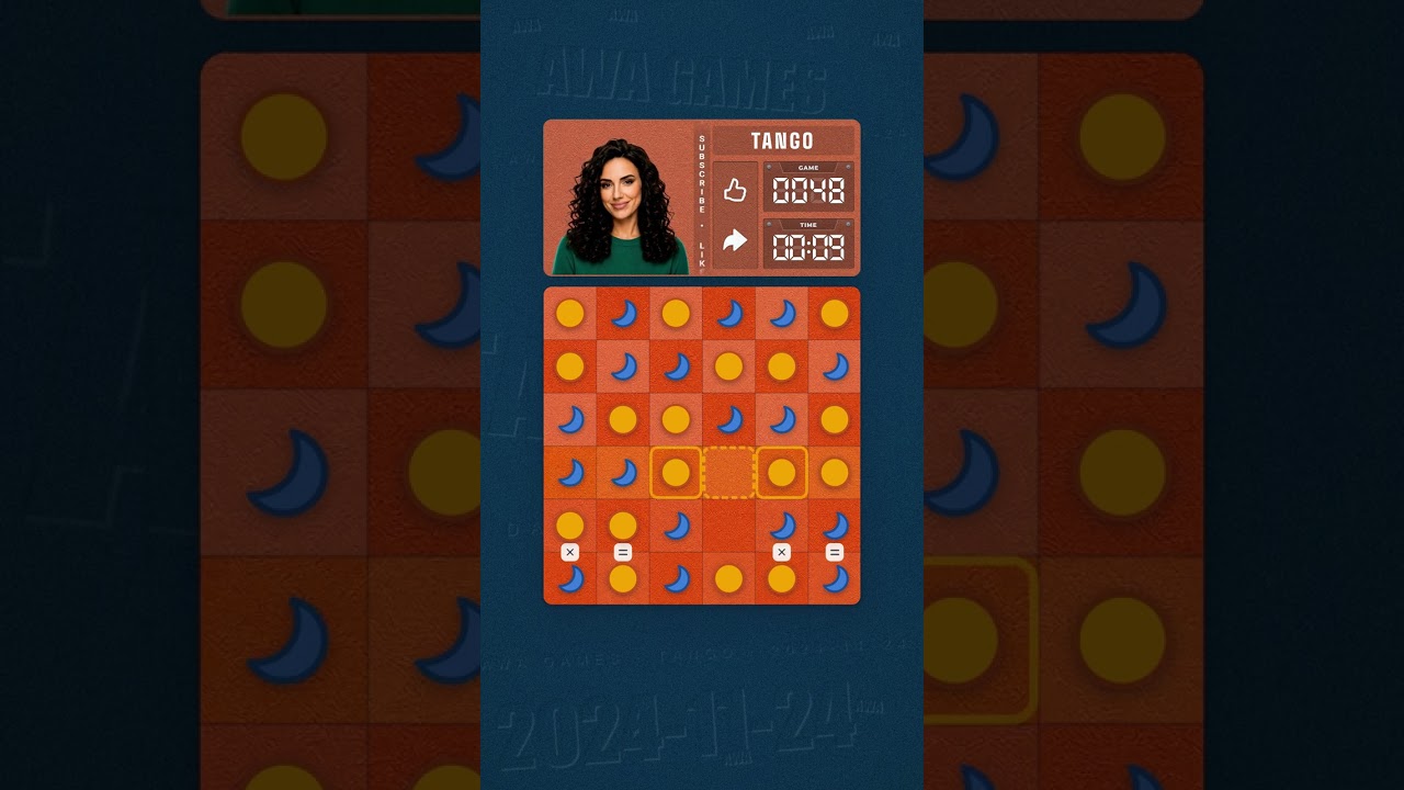 LinkedIn Tango #48 solved board for November 24, 2024, 6x6 grid