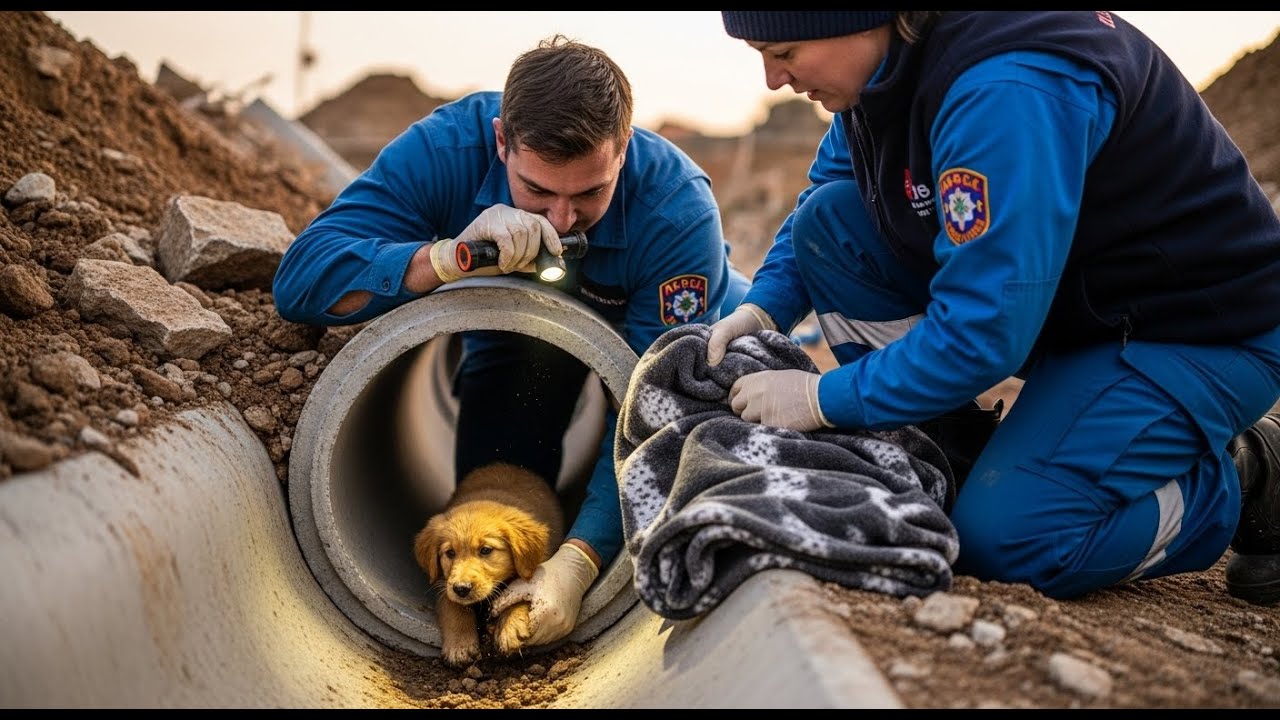 Heroic rescue team saves terrified puppy from a deep concrete pipe trap ...