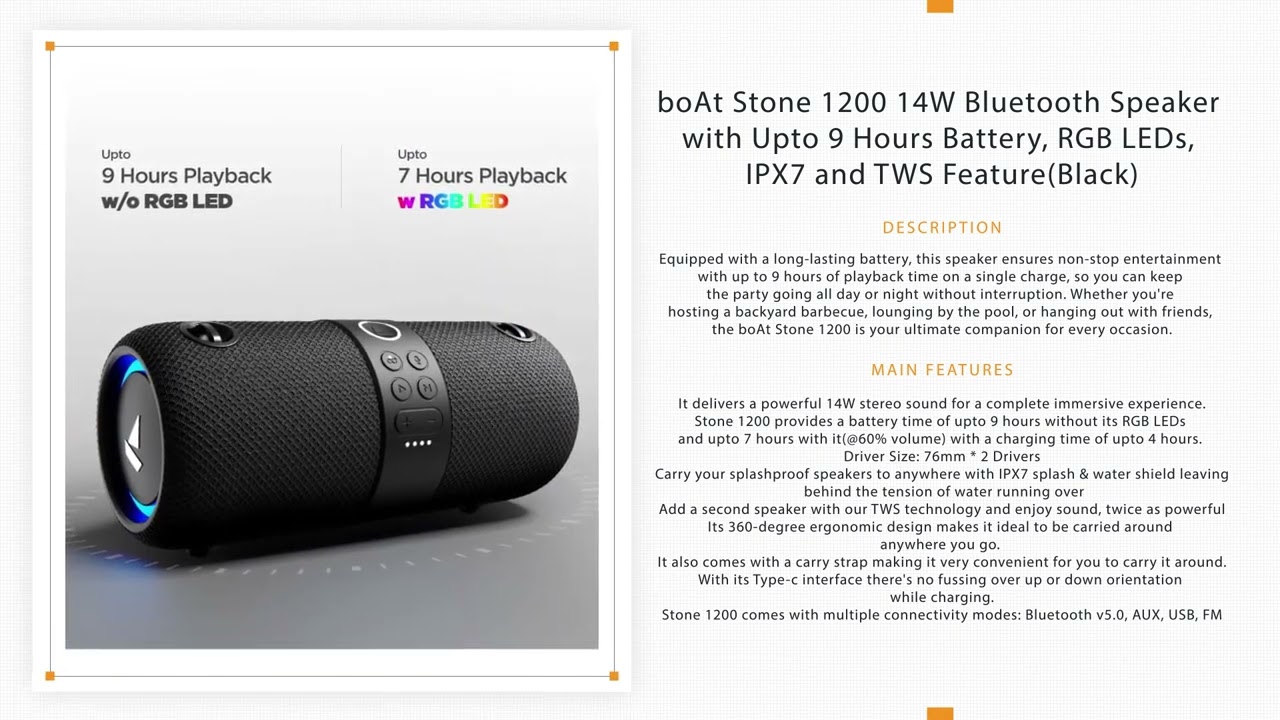 boAt Stone 1200 14W Bluetooth Speaker with Upto 9 Hours Battery, RGB LEDs, IPX7 and TWS.