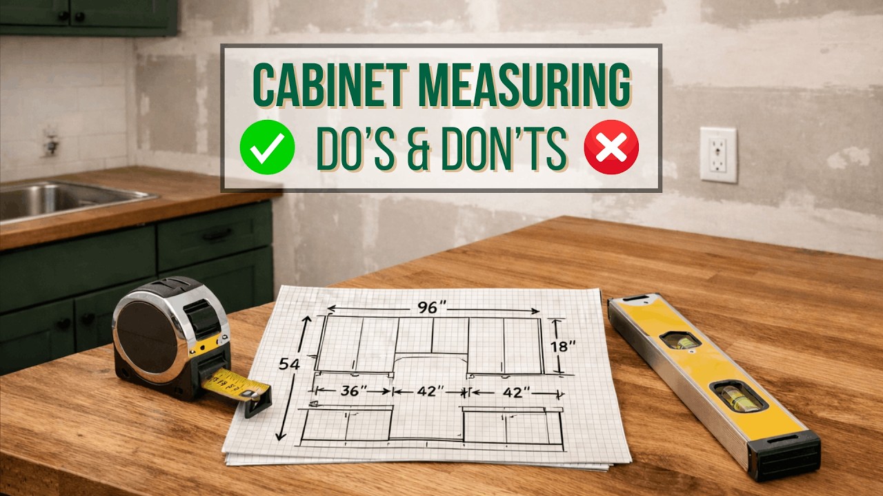 measuring kitchen cabinets with tape measure and level