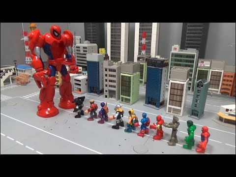 Spiderman 10 Super Heroes ride robot <strong>suits</strong> 스파이더맨 10명 슈퍼히어로, 거대 로봇 타기