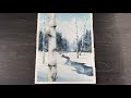 Watercolor painting Winter landscape ”Blue Birch River”-step by step tutorial