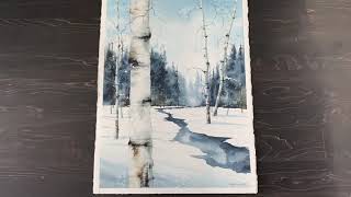 Watercolor painting Winter landscape ”Blue Birch River”-step by step tutorial