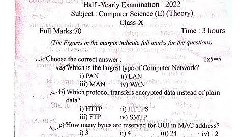 Half yearly examination 2022 Class X Computer Science (E) question paper