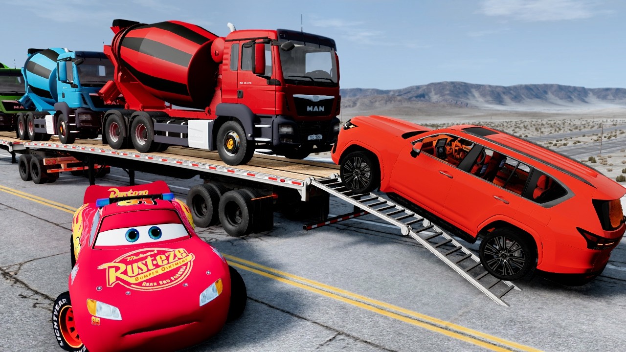 Flatbed Truck Mcqueen  Transportation with Truck   Pothole vs Car #56  BeamNG Drive 2