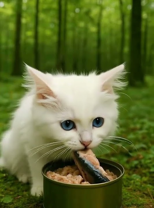 A white Persian cat eating tuna in the forest #animals #cats #persian