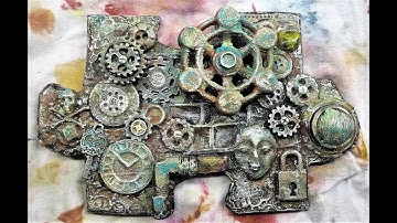 Altered puzzle piece #16 Large steampunk puzzle Mixed media