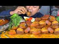 Mukbang with recipe spicy fatty fry pork curry with red rice  eating  fry pork with king chilli