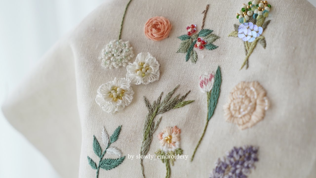 프랑스자수. 10가지 비즈 꽃자수 봄여름 사이에_ 10 Flowers Beads Hand Embroidery | 편안한 영상 ASMR