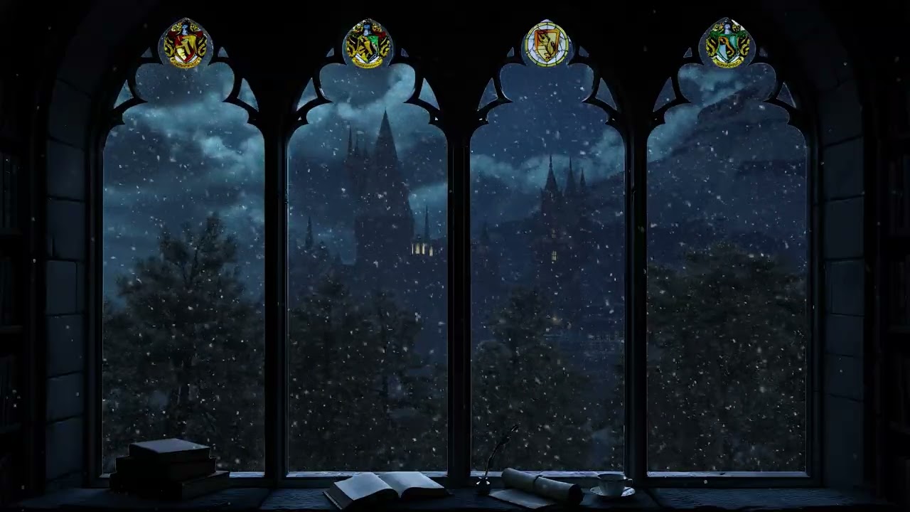 Window Hogwarts Winter View ❄️🏰 Snowfall & Wind Ambience For Focus And Sleep | 4K