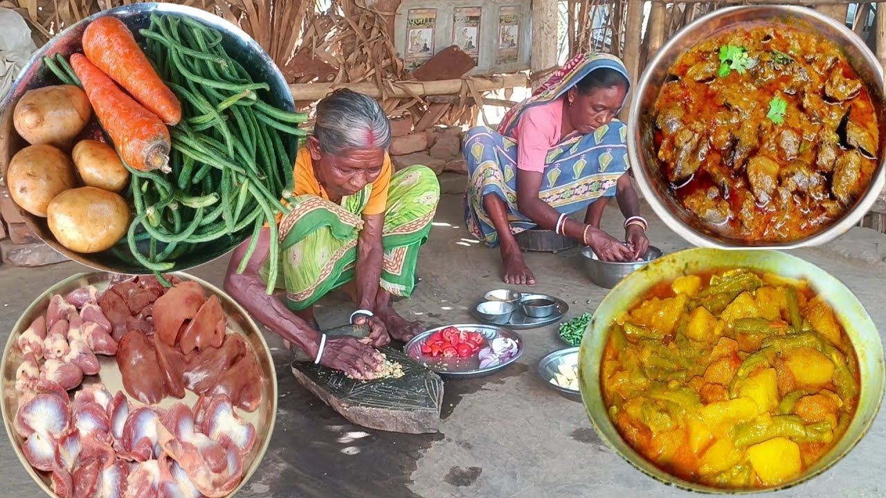 CHICKEN PARTS Curry &vegetable recipe cooking by our grandma and mother for lunch||rural life India