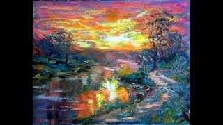 Картина маслом. Закат, лес, речка, тропа. Картина маслом. Закат, лес, речка, тропа.