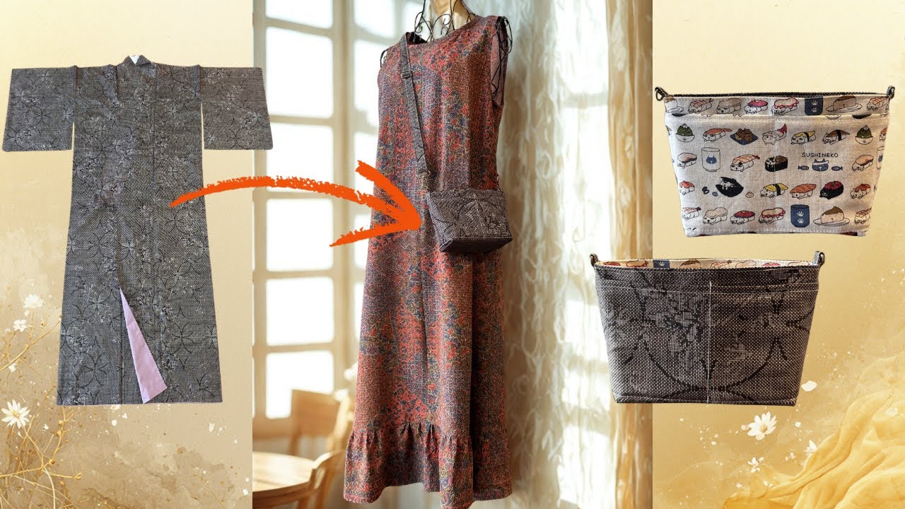 余った半幅を有効活用♪バッグインバッグにもなるミニサコッシュの簡単な作り方【着物リメイクバッグ】大島紬👘使い切り⑥ How to make a Musette bag/Bag-in-bag, DIY