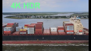 Flying by a large Container Ship in Charleston Harbor, 4K HDR