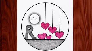 Creative Letter “R” with Hanging Hearts in a Circular Frame | Alfabet Drawing
