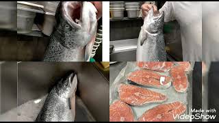 طريقة تقطيع سمكة سلمون بطريقة احترافية على يد شاف من وسط لمطعم ،?
