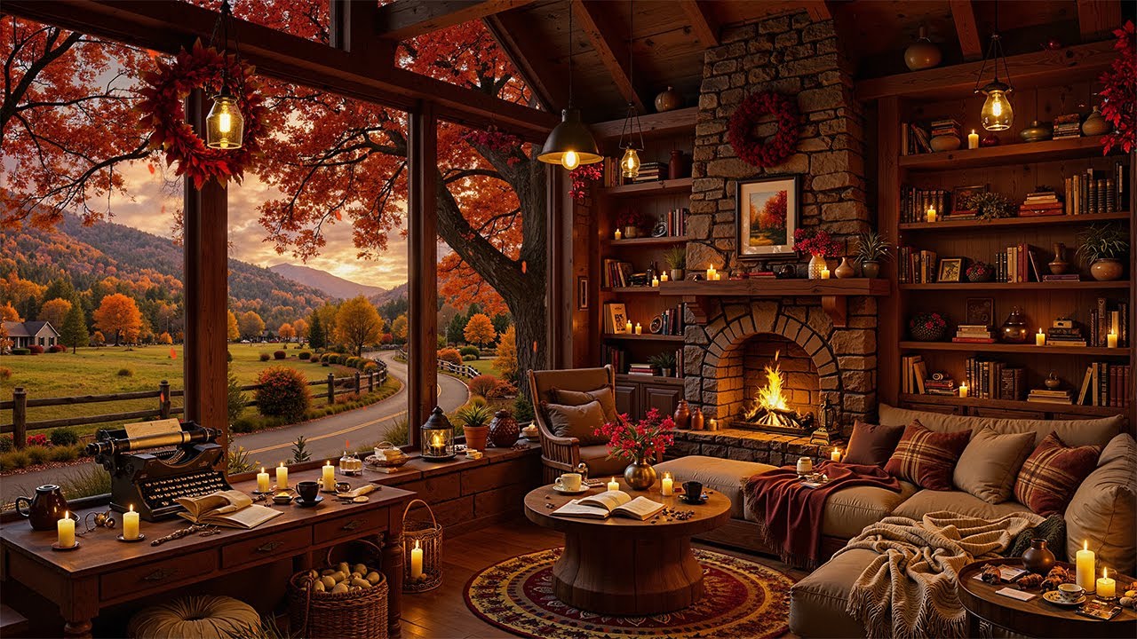Cozy Autumn Farmhouse Porch 🍁 Smooth Piano Jazz Music & Relaxing Fireplace Sounds For A Peaceful Day