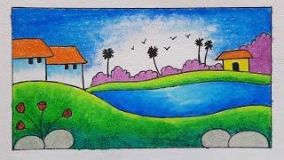 Very easy scenery drawing | How to draw simple village scenery for beginners