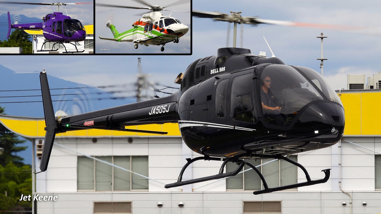 Two Bell 505 Jet Ranger X Helicopters Takeoff & Landing, etc
