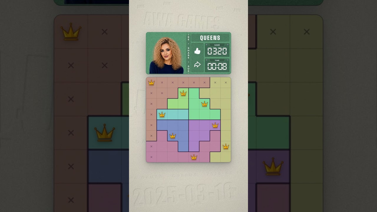 LinkedIn Queens #320 solved board for March 16, 2025, 8x8 grid