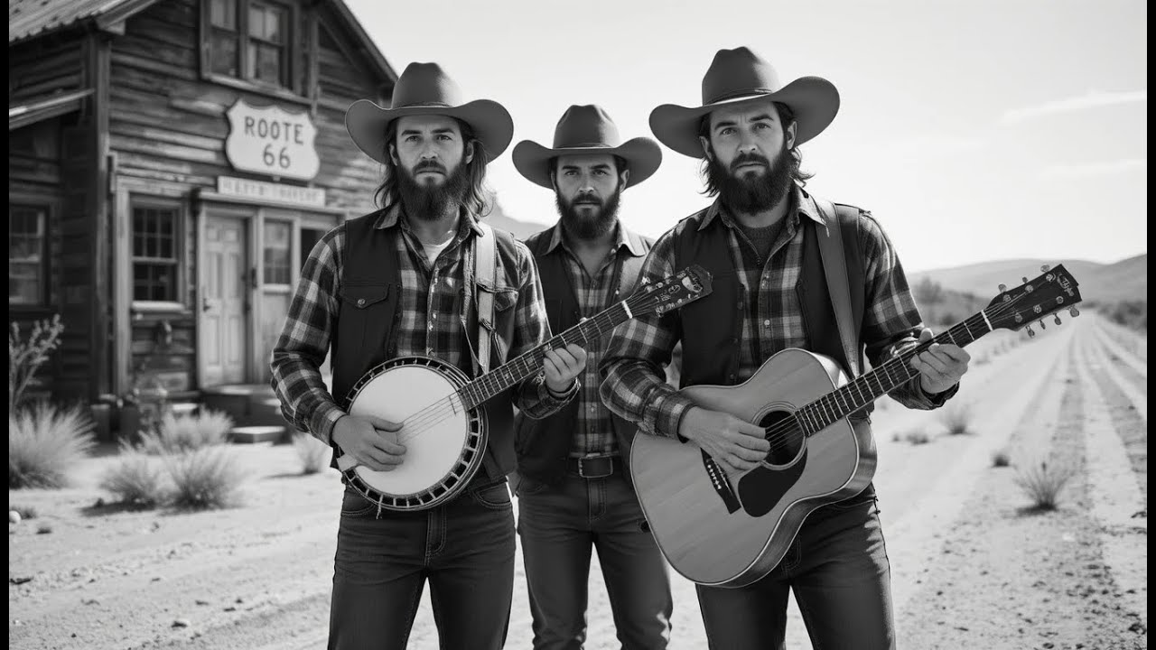 Timeless Folk Music on Route 66 | Three Musicians Playing Banjo and Guitar in a Black and White
