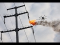 Flamethrower drone used to burn debris off power lines