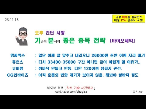 [오후시황 및 종목전략] 엠씨넥스 휴온스 <strong>코미팜</strong> CG인바이츠 바이오 제약 주가 매매 전략 231116