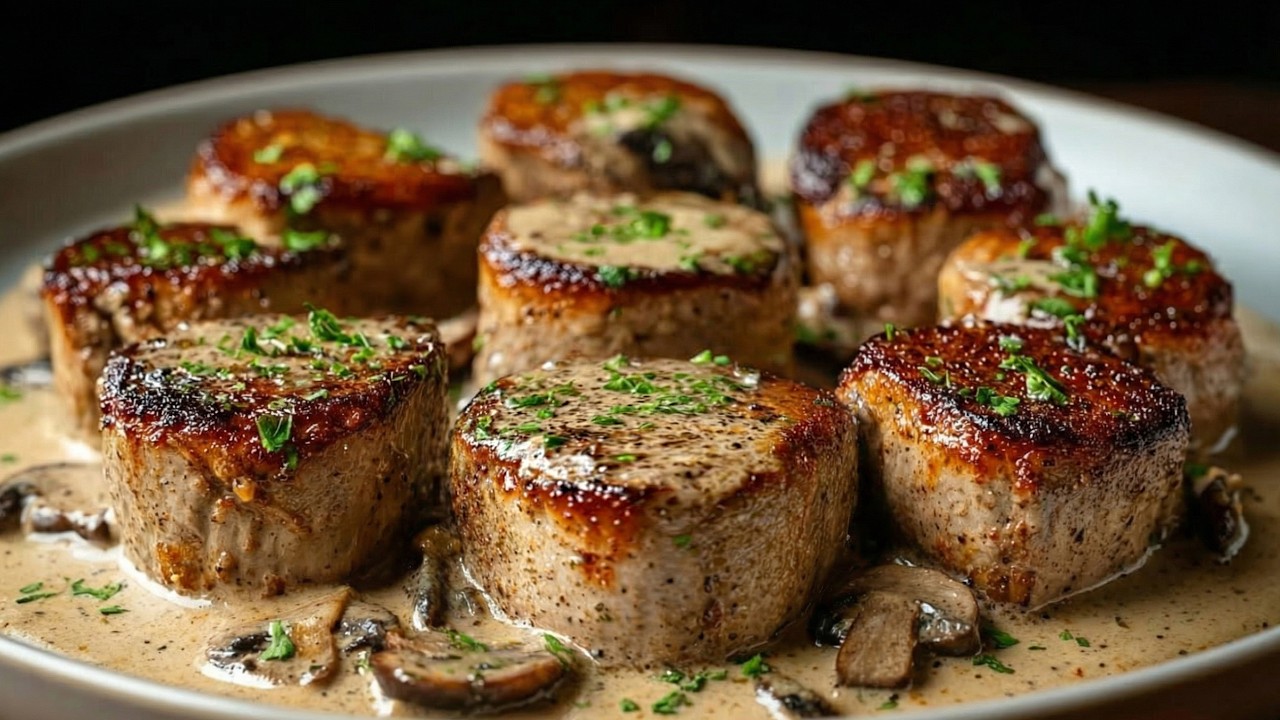 Tender pork fillet in a creamy mustard sauce with mushrooms - simple and delicious!