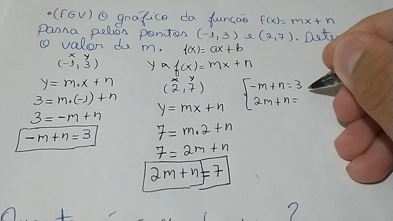 (FGV) O gráfico da função f (x) = mx + n passa pelos pontos (– 1, 3) e (2, 7)....