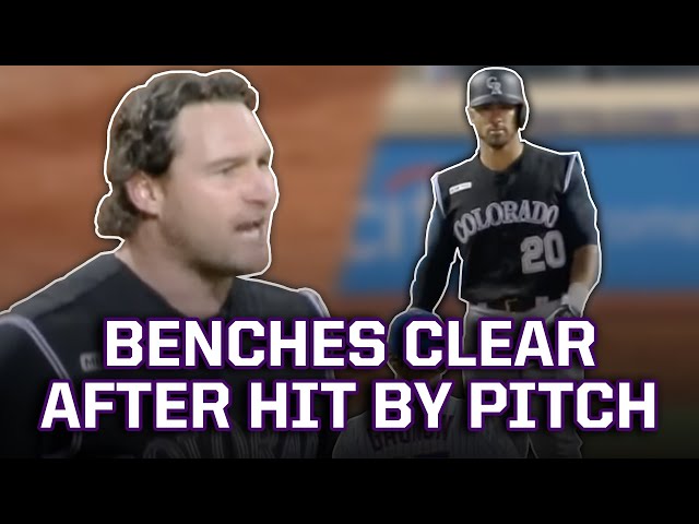 The Mets and Rockies dugouts empty after Gagnon hits Desmond with a pitch, a breakdown