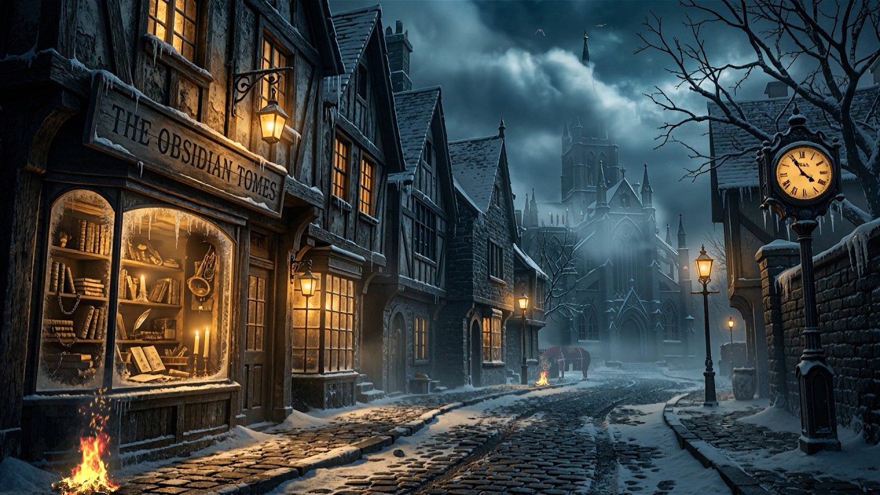 12 Hours of Gothic Village Winter Ambience | Relaxing Snowfall, Fire & wind sounds